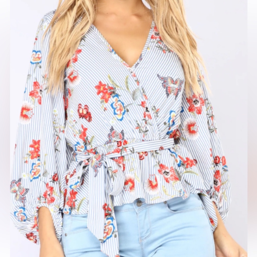Striped Blouse with Floral Embroidery Size Small Top